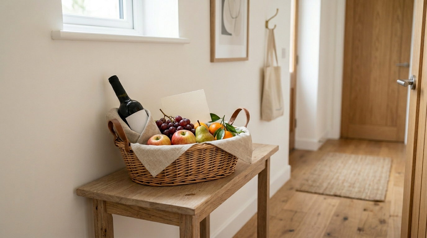 Welcome basket with wine, fruit, and handwritten note on a hallway table at guest check-in