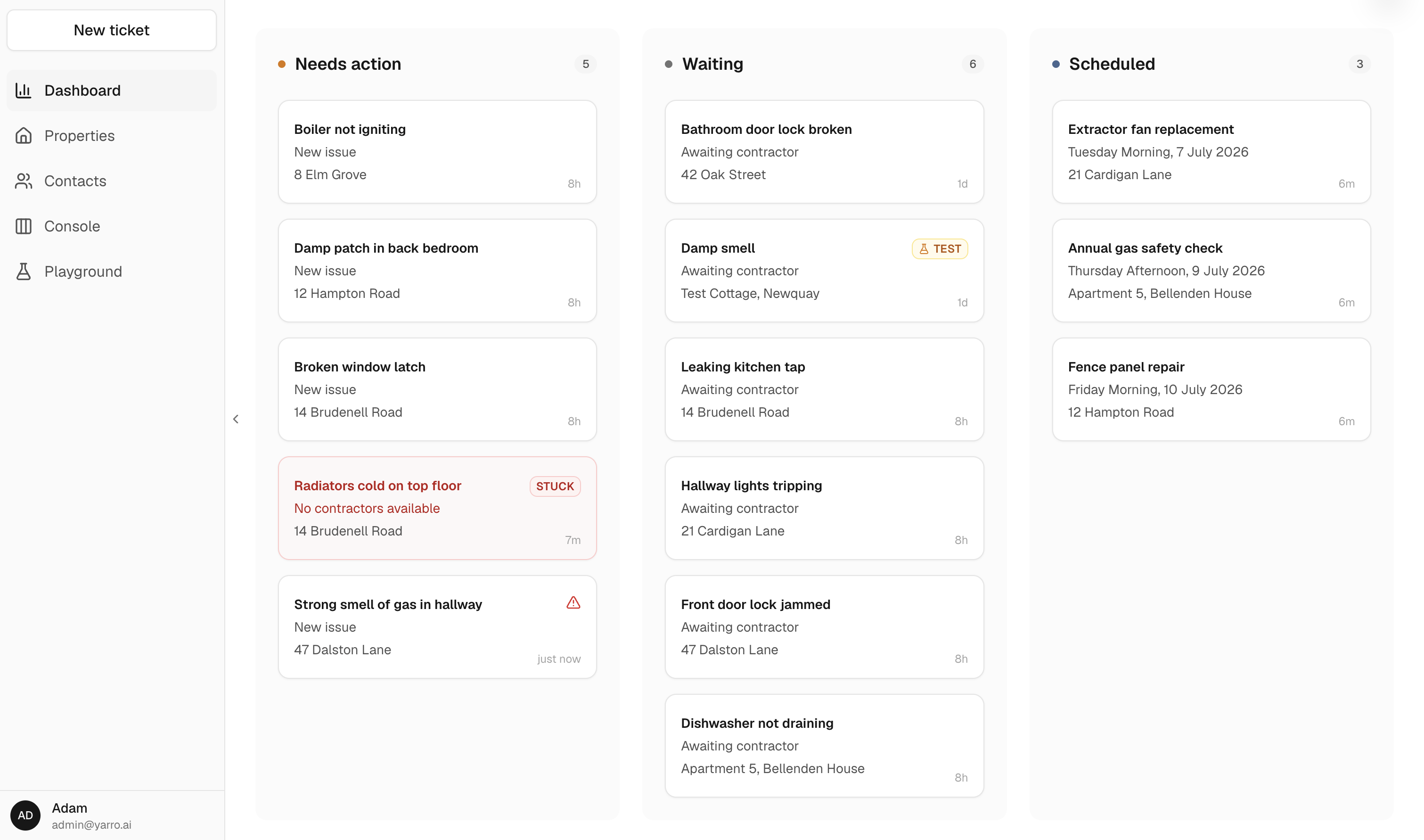 The Yarro dashboard: maintenance tickets grouped into Needs action, Waiting, and Scheduled columns.
